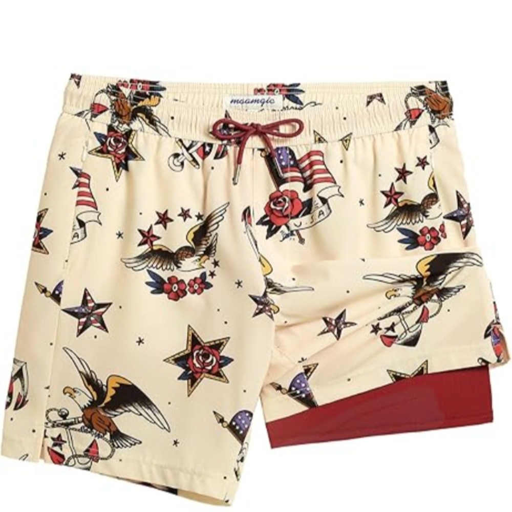 MAGIC.. White and Red Swim Trunks with Patriotic Design